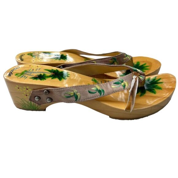 Woodies Vintage Shoes Wooden Wedge Sandals HAND PAINTED PALM TREES Clogs Sz 6 - Picture 9 of 15